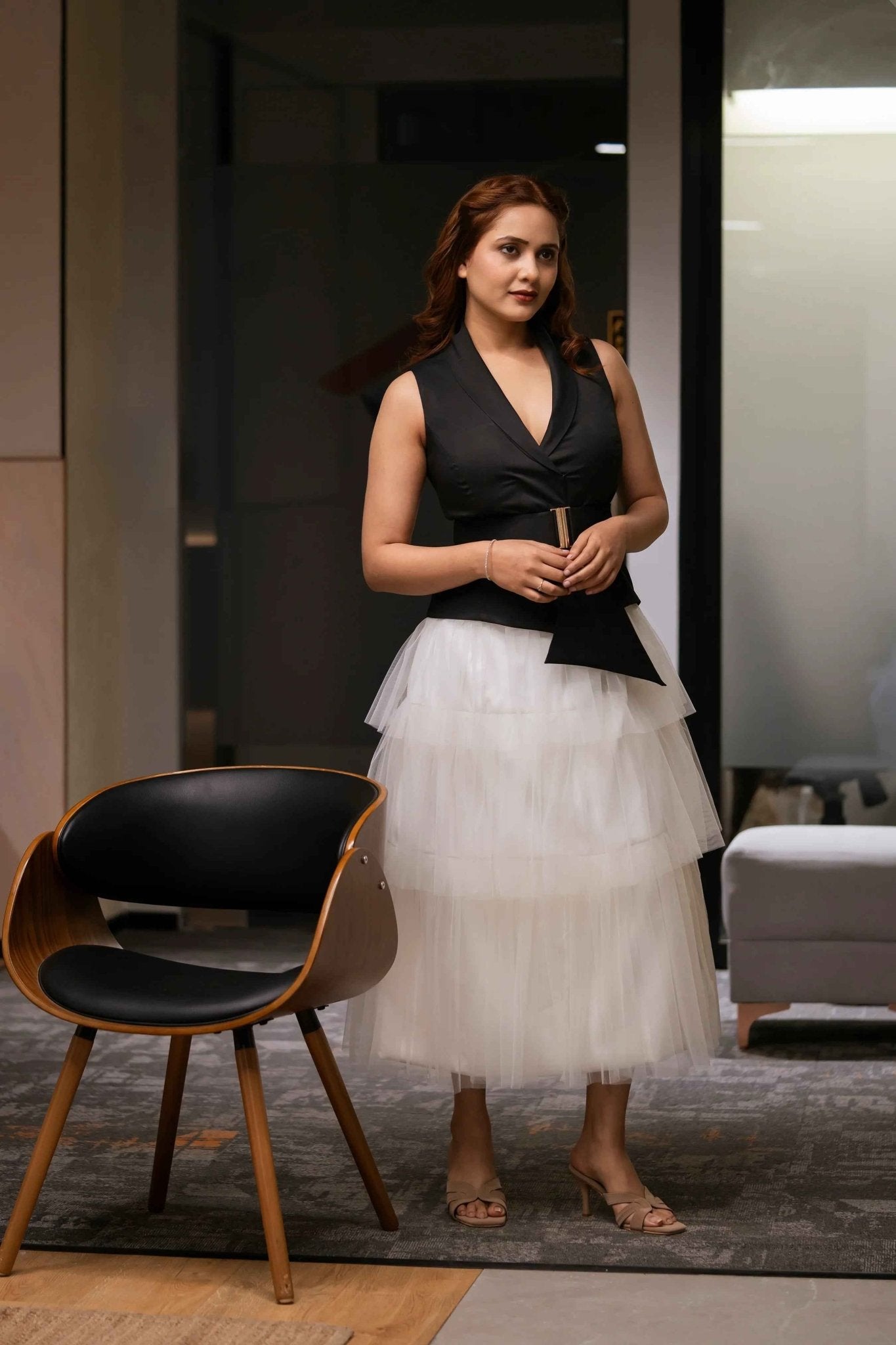 Ivory layer skirt & Black Waist Coat - Timeless Pairing